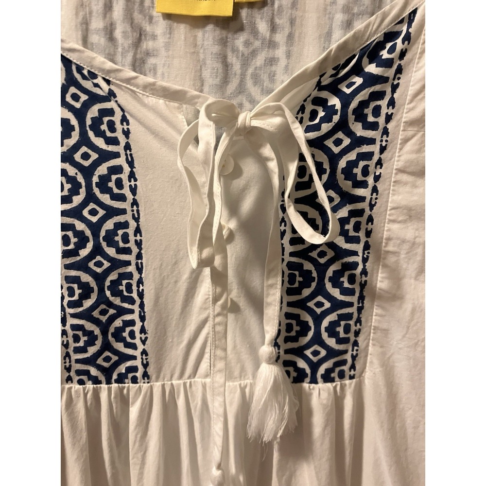 Roller Rabbit Mona Dress White Blue Border Maricruz Sz L Boho Flare - Picture 4 of 9